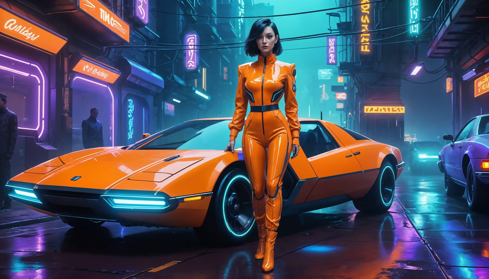 Retro Cyberpunk Garage with Woman and Hovercar