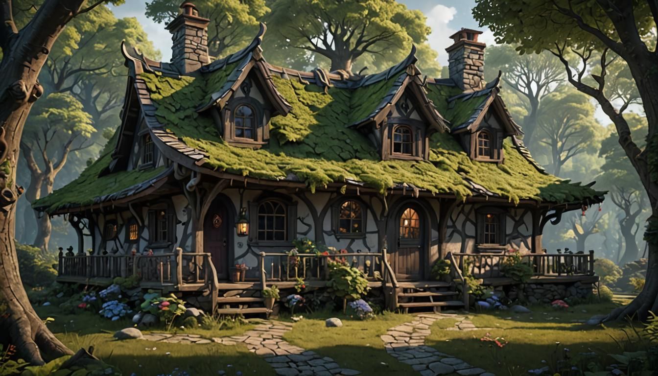 Quaint Forest Cottage with Curvy Roof: Detailed Matte Painti...