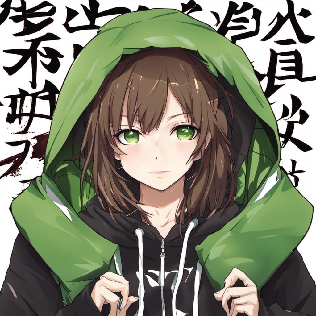 Anime Girl in Hoodie with Japanese Writing