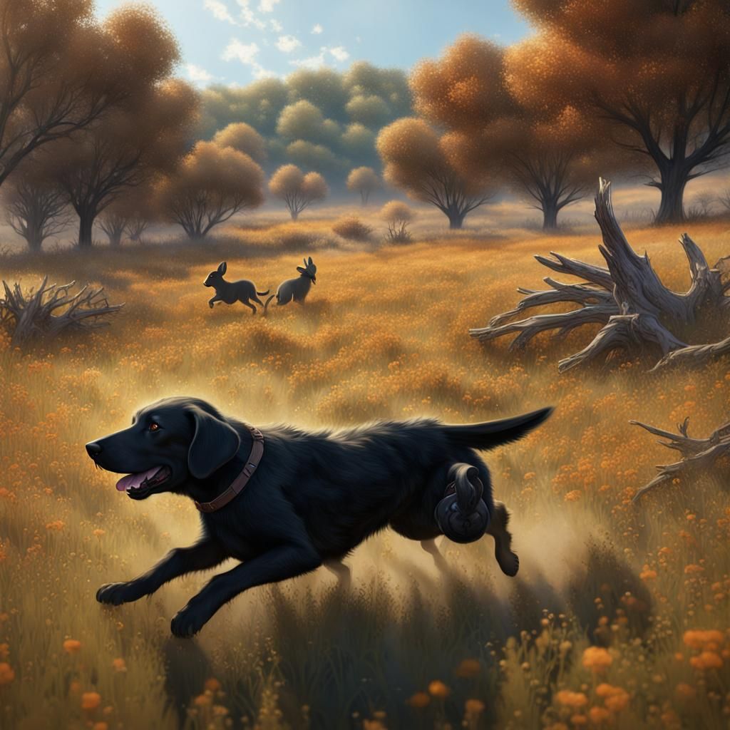 Black Lab Chasing Rabbit: Fantasy Concept Art