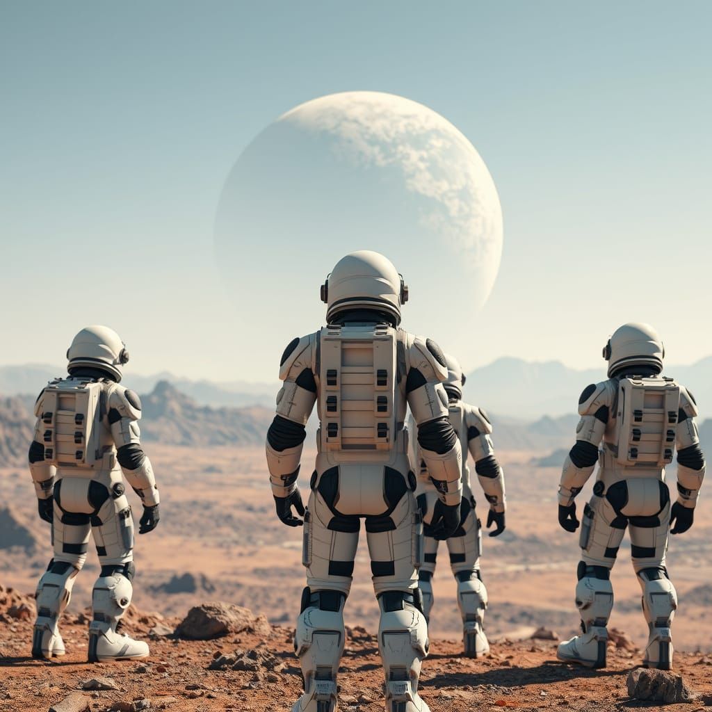 Astronauts in Mecha Space Suits Stand on Alien World