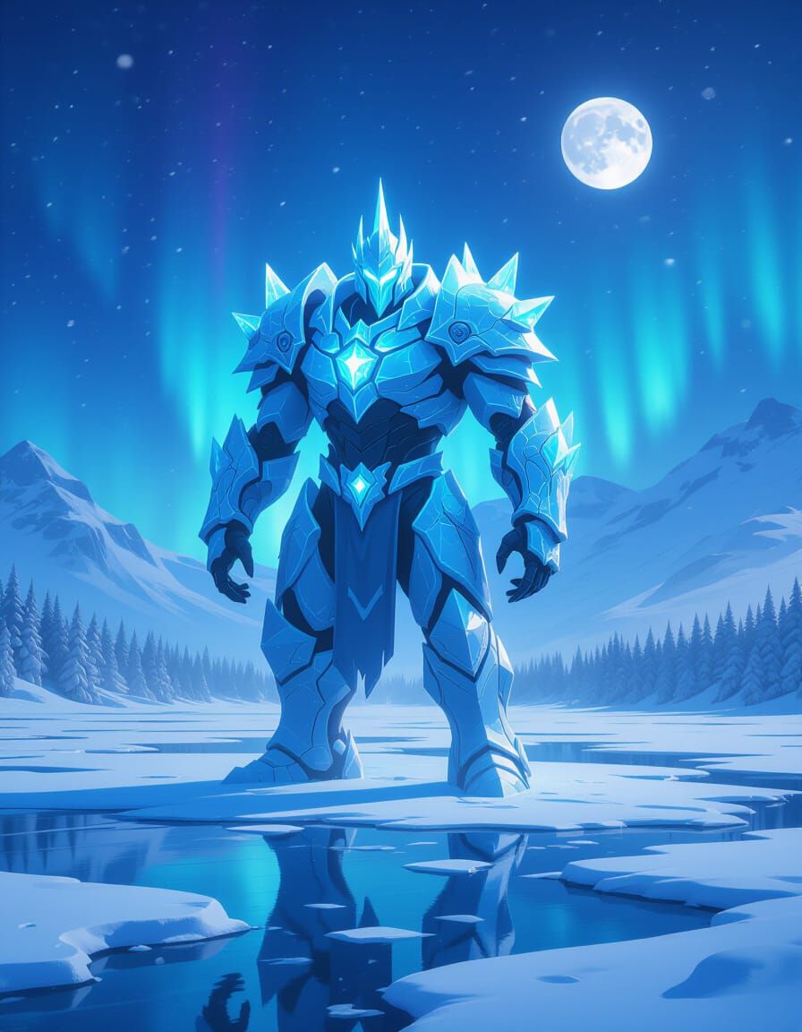 Majestic Ice Golem in Moonlit Winter Wonderland