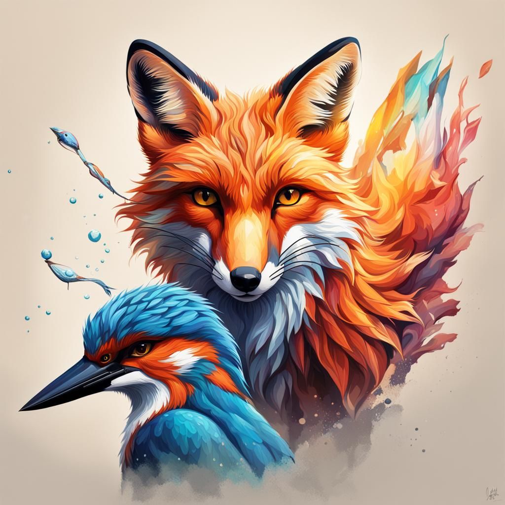 Fox and Kingfisher in Hyperrealistic Splash Art