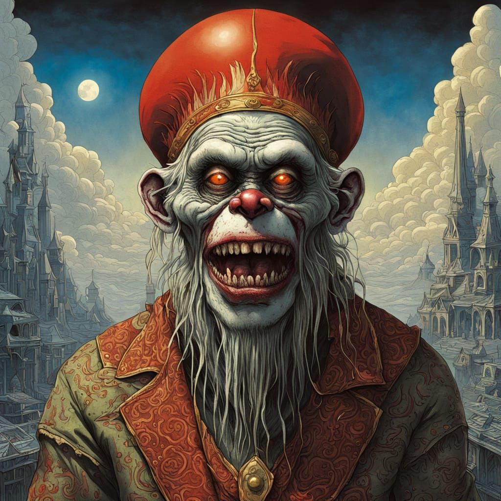 Macabre Monkey Clown Santa Claus Hybrid in Hellish, Gothic W...