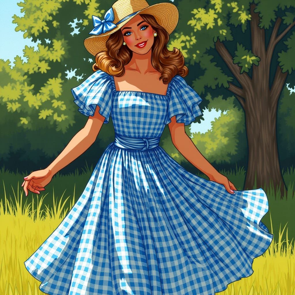 Surrealistic Oil Painting of Elegant Woman in Blue Gingham
