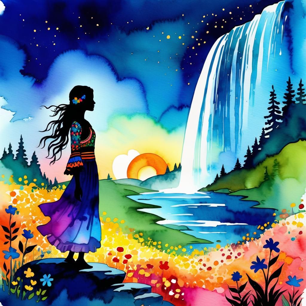 Surreal Gypsy Woman in Sundown Flower Garden