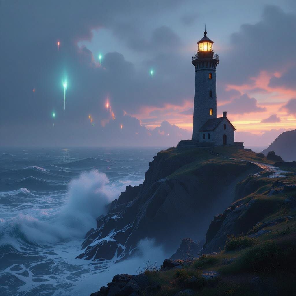 Lone Lighthouse on Stormy Cliff at Twilight