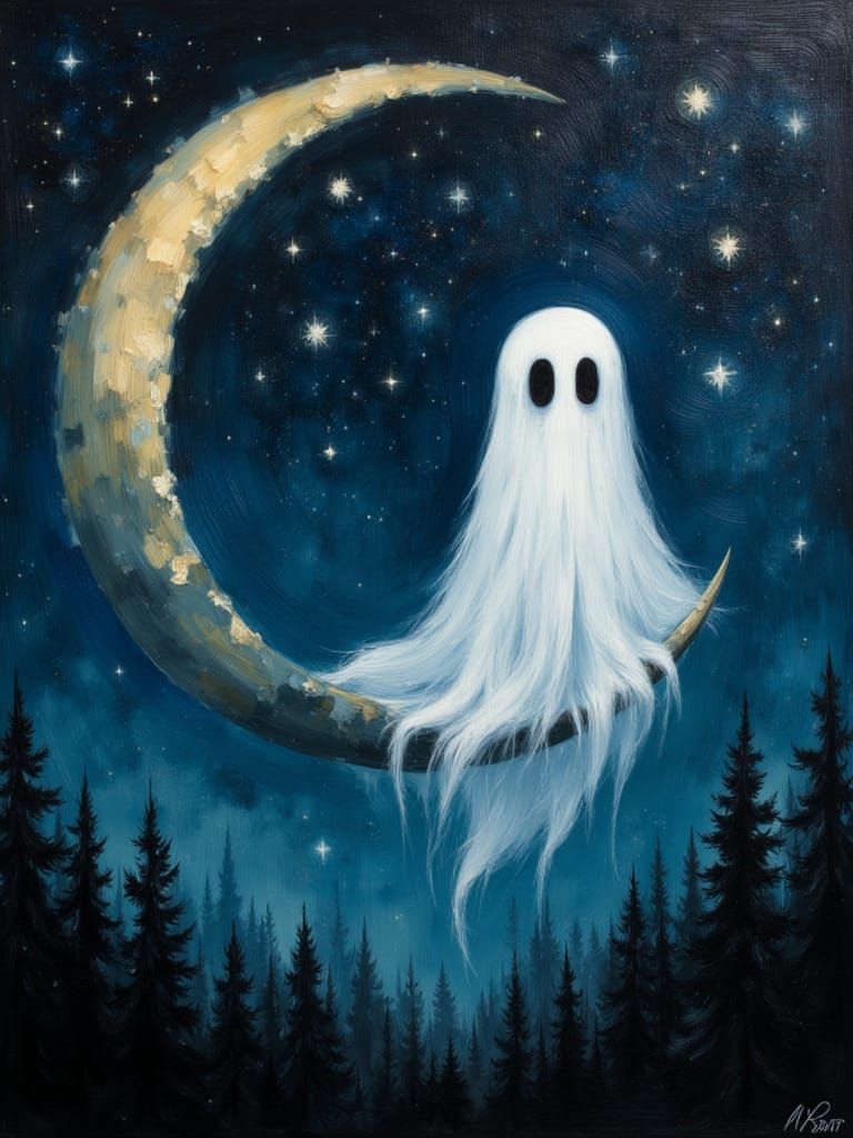 Minimalist Ghost on Crescent Moon Oil Painting