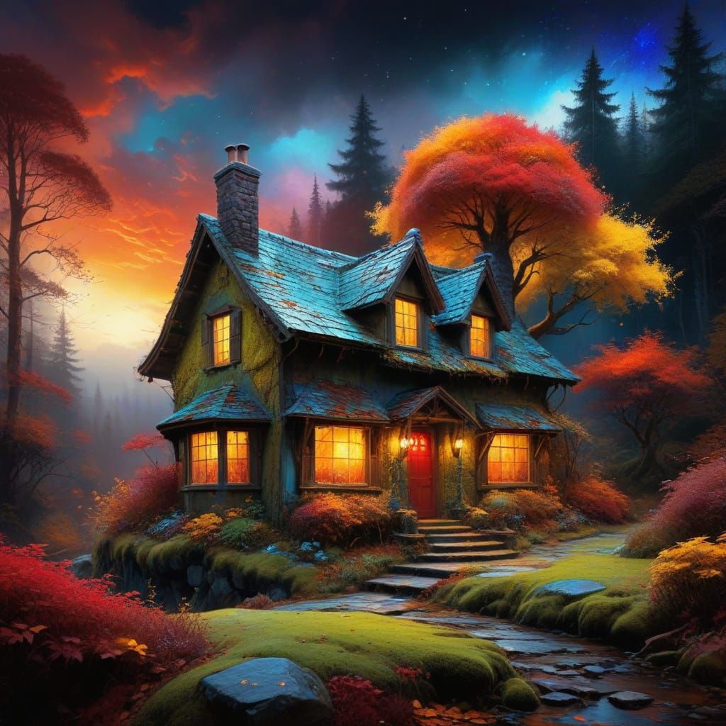Whimsical Cottage in Vibrant Autumn Forest