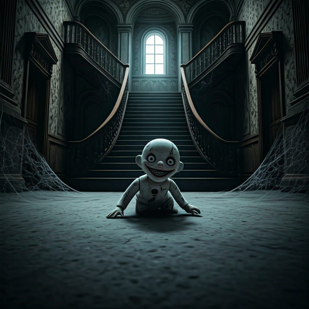 Creepy Puppet in Abandoned Mansion, Surreal Horror Style