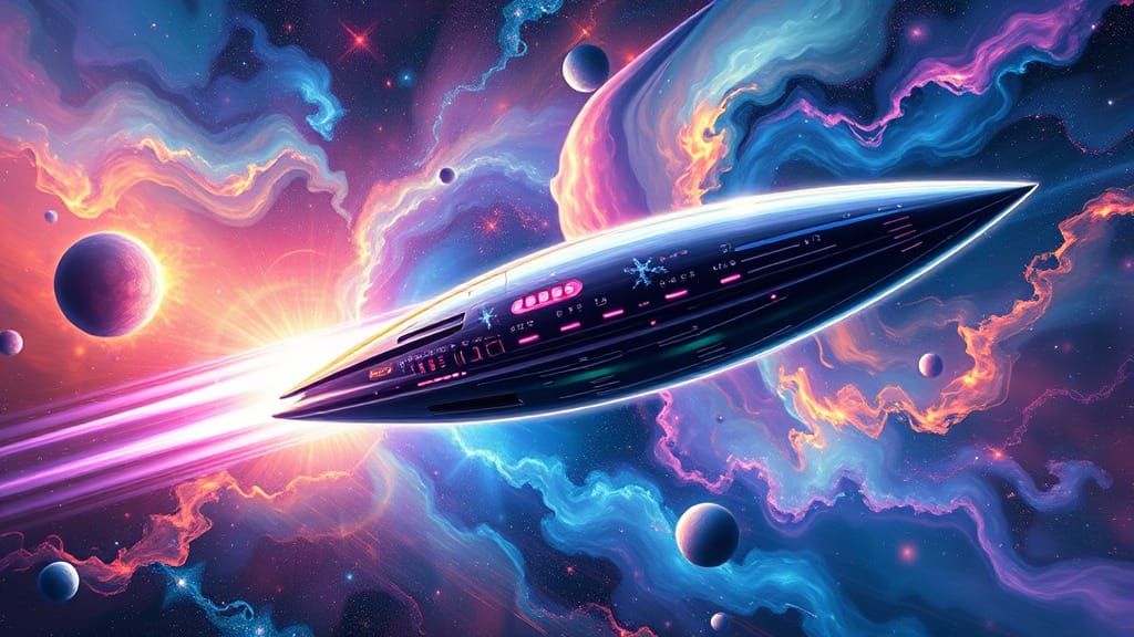 Sleek Spaceship Speeds Through Deep Space in Oil Paint Style