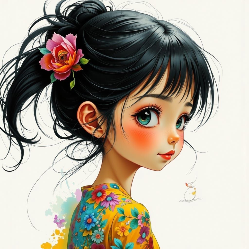 Portrait of Smiling Girl in Whimsical Style