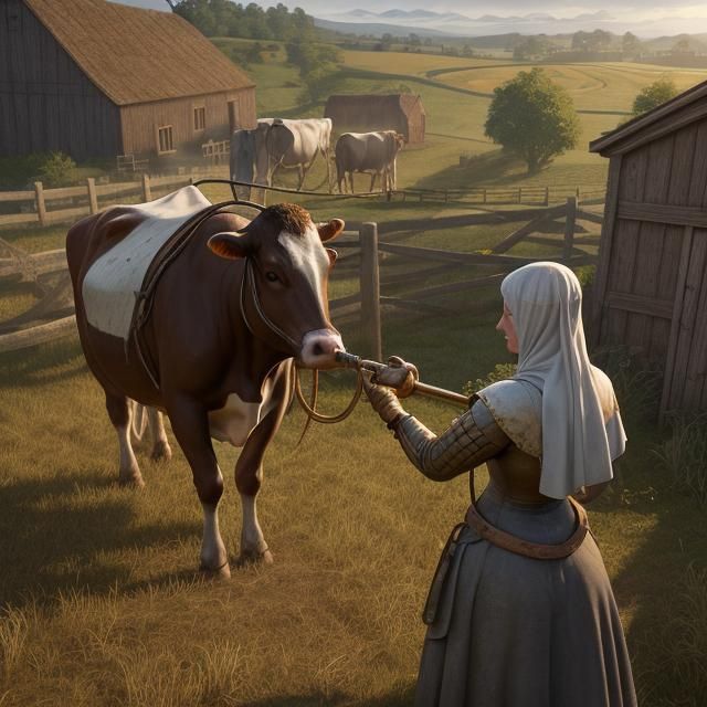 Medieval Woman Milking Cow: Photorealistic Concept Art