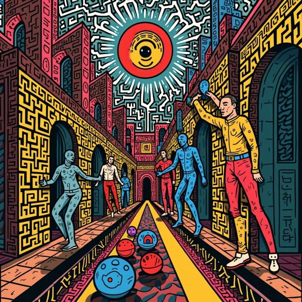 Escher and Haring Fusion in Pop Art Style