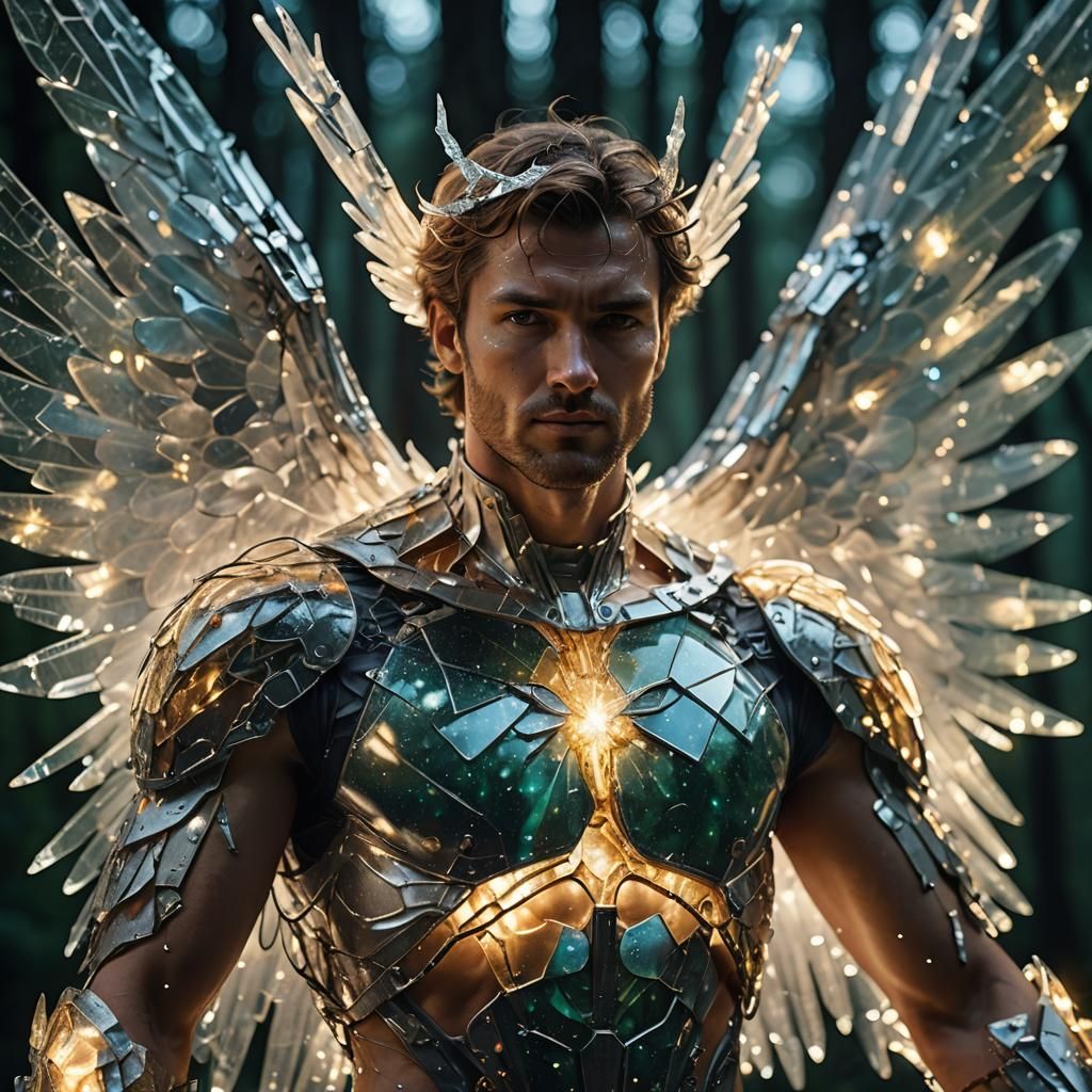 Glowing Glass Angel in Nebula Night Forest