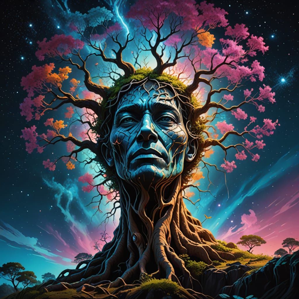 Colossal Tree Reaching the Heavens in Bioluminescent Colors