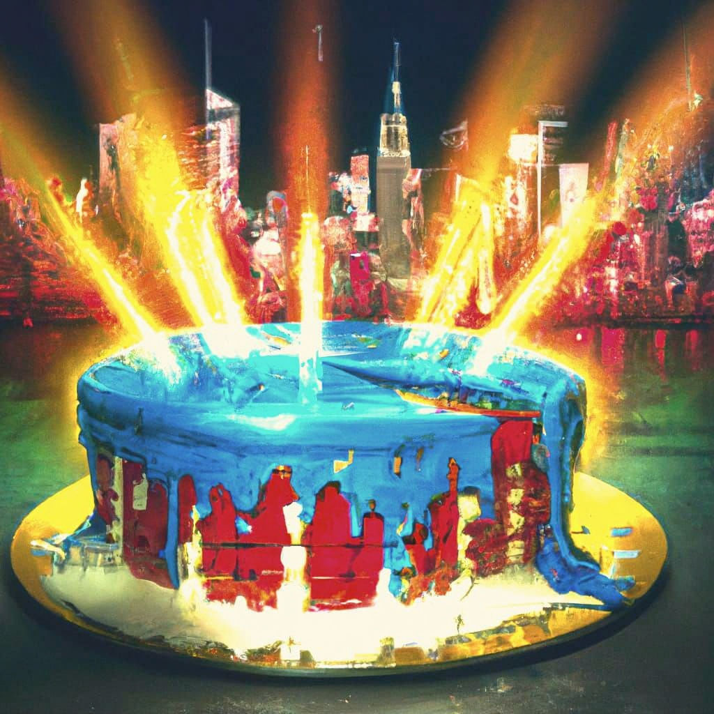Giant Cheesecake Devours New York: Volumetric Splash Art