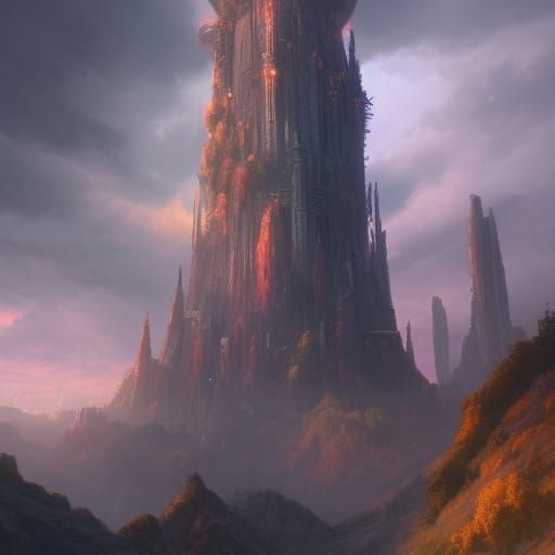 Fantastical Tower Reaching Through Clouds: Matte Painting