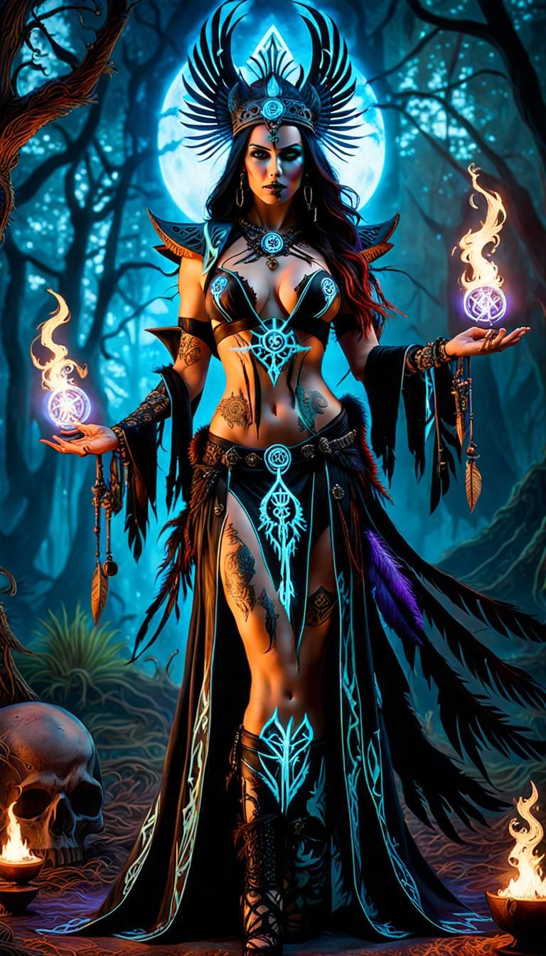 Voodoo Priestess Casting Bioluminescent Magic in Bayou