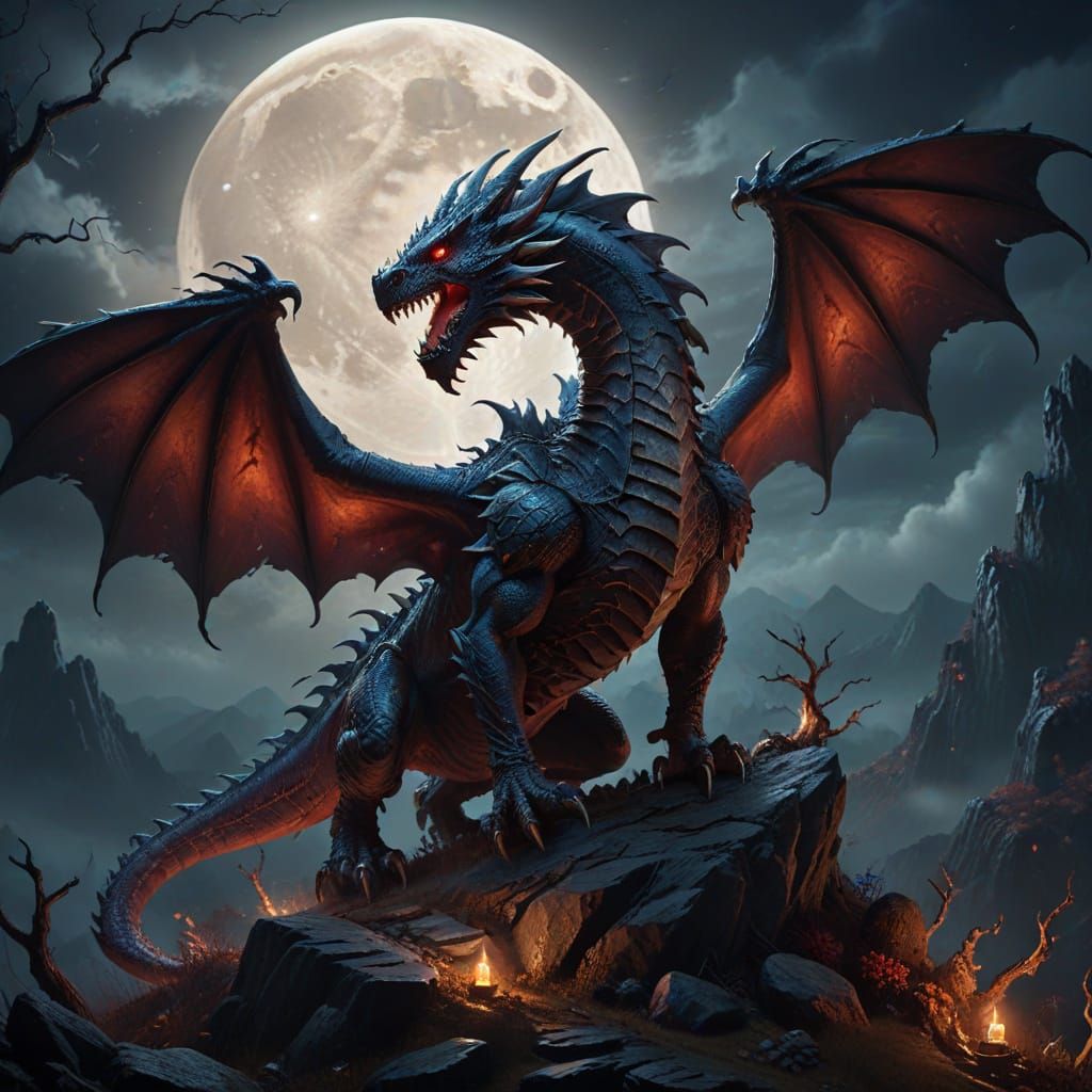 Majestic Red Dragon on Halloween Hill Under Full Moon