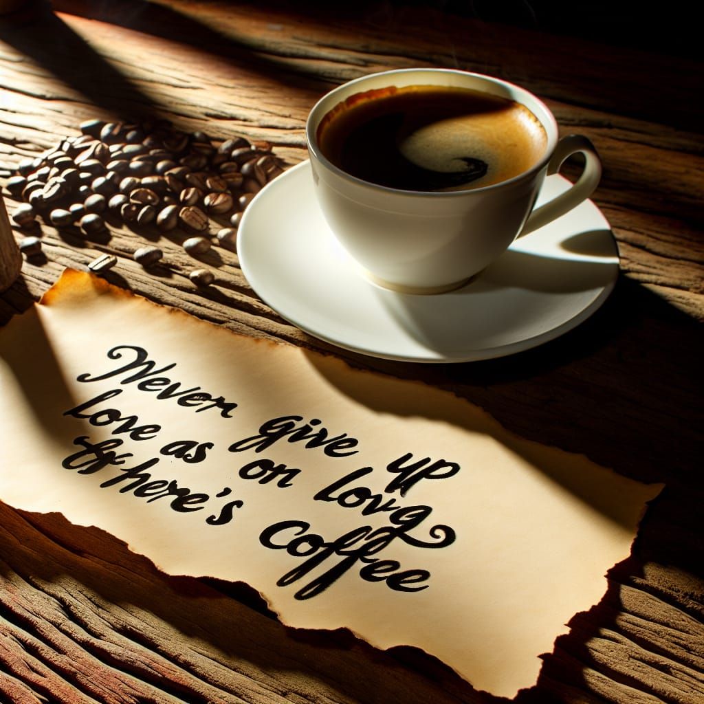 Steaming Coffee Cup on Rustic Table with Romantic Calligraph...