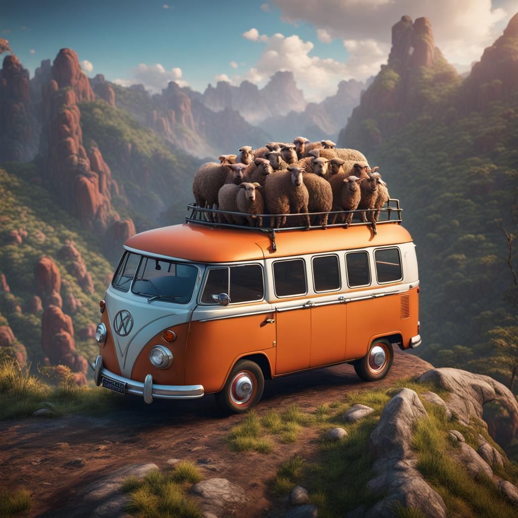 Dreadlock Sheep Drives Kombi Van Up Mountain