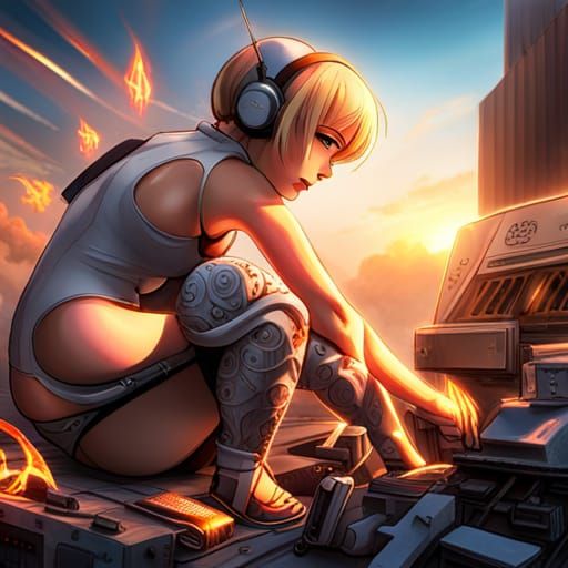 Hyperrealistic Anime Woman Welding a Killdozer