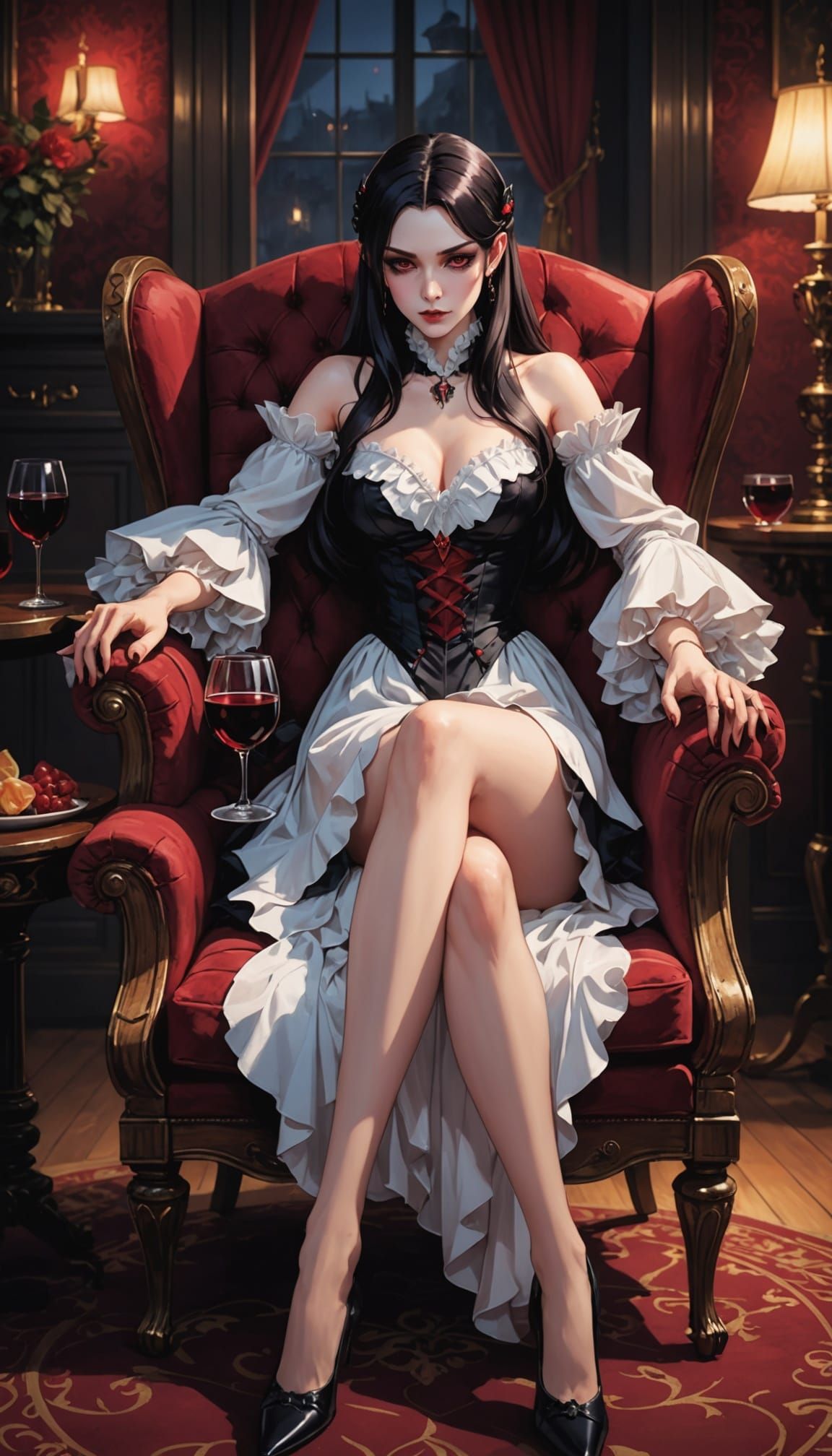 Ethereal Vampire Maiden Sits in Armchair with Wine