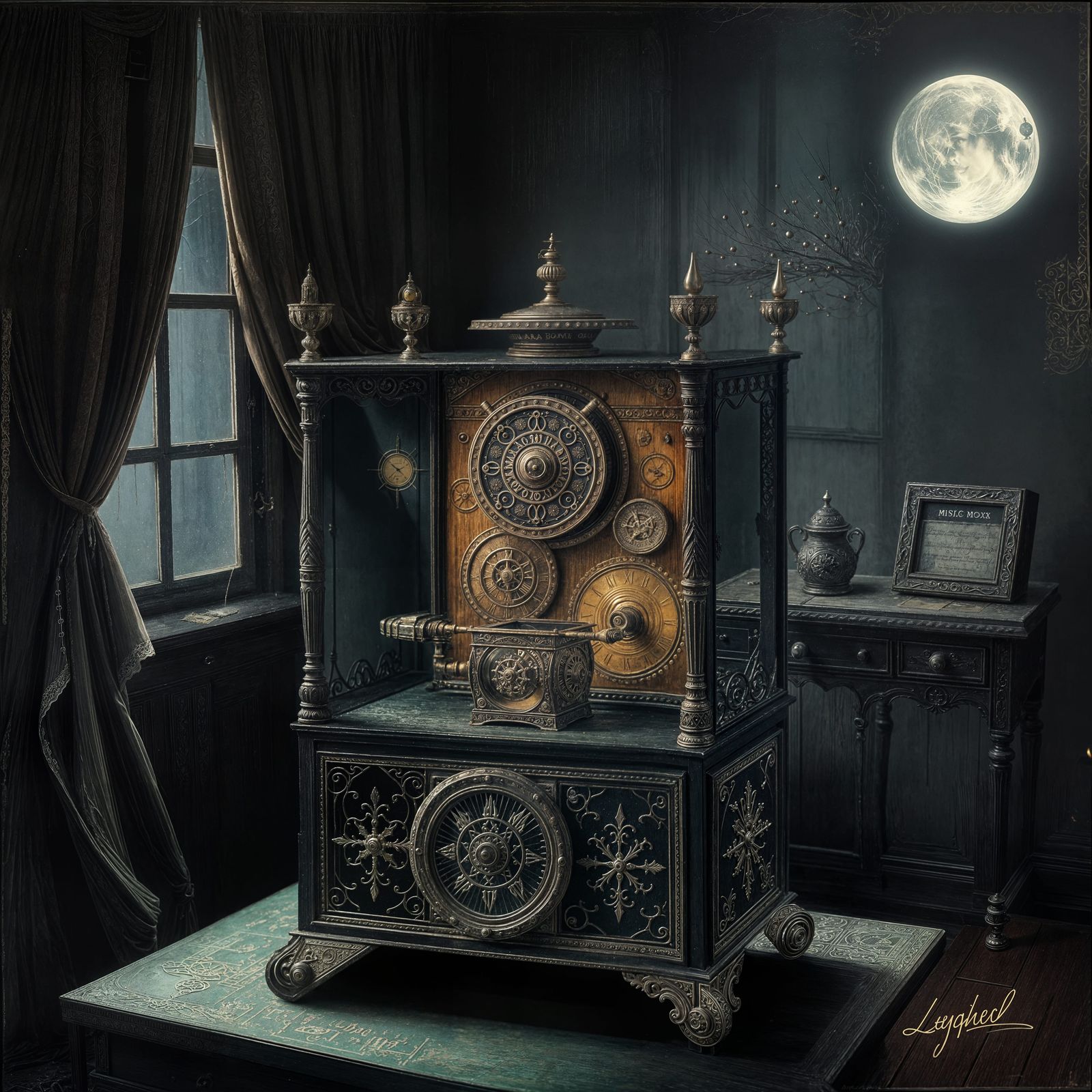 Eerie Music Box in Gothic Surrealism Style