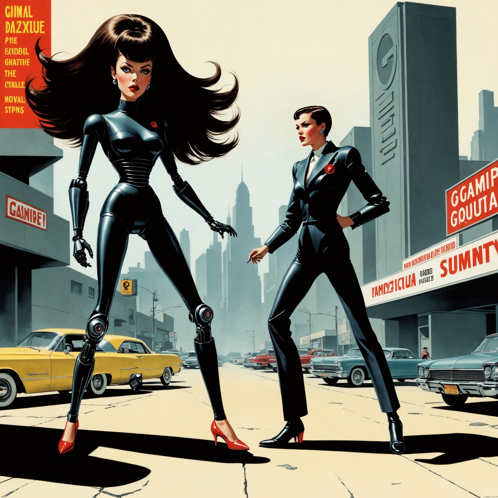 Giantess Bombshell Confronts Retro-Futuristic Robot