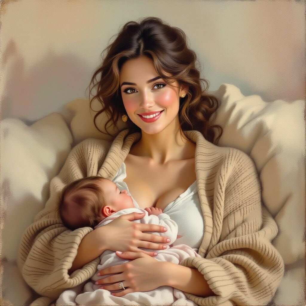 Breastfeeding Mother in Impressionistic Realism Style
