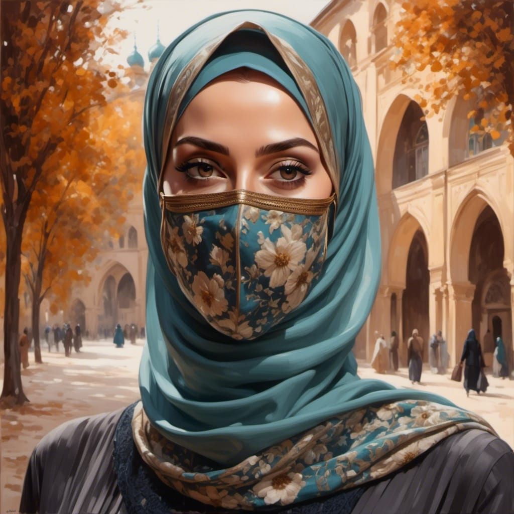Beautiful Hijabi Woman with Mask as Oil Painting