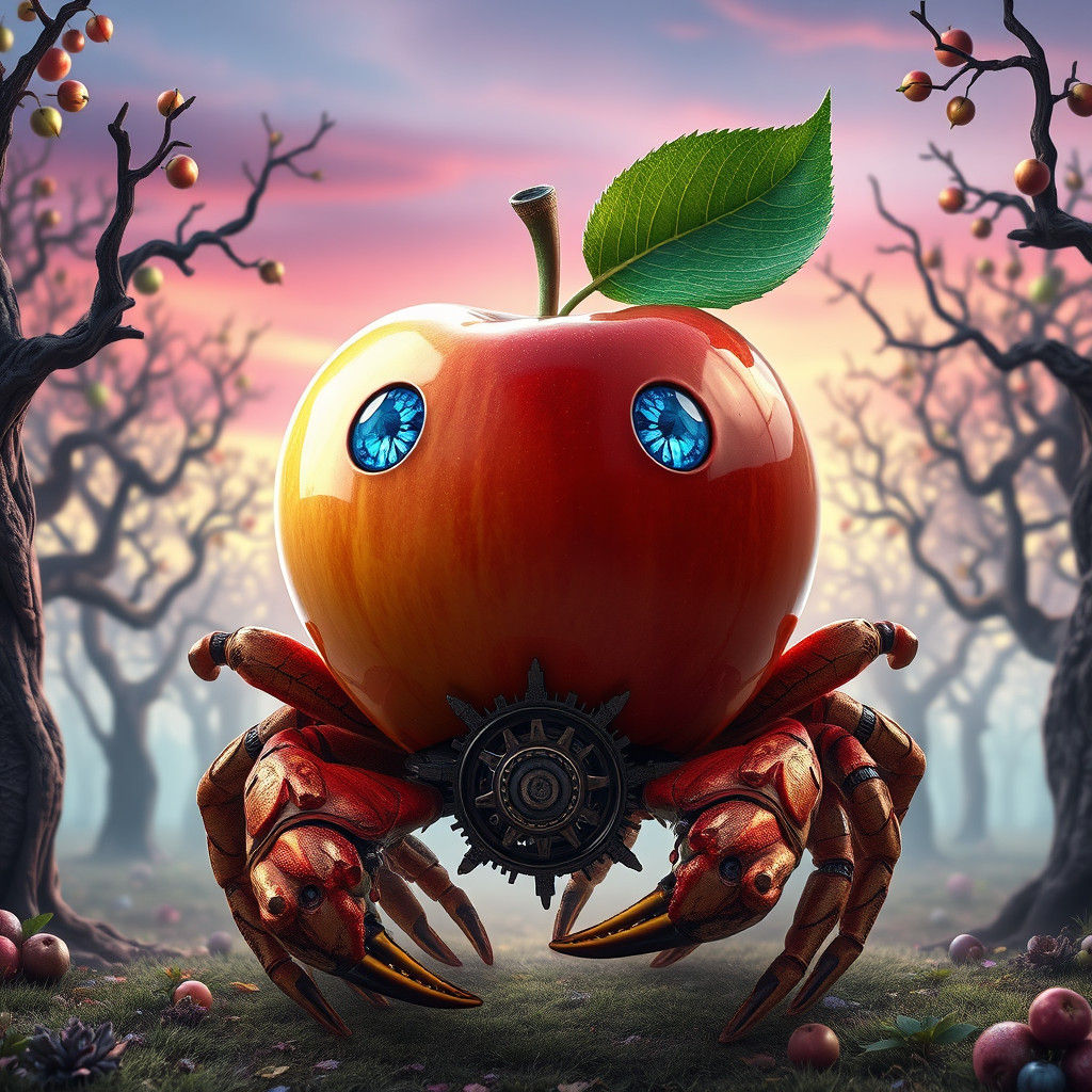Apple-headed Crab Creature in Dreamlike Orchard