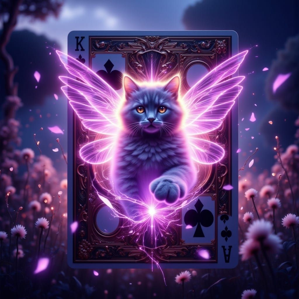 Whimsical Feline Enchantress Unfolds from Glowing Playing Ca...