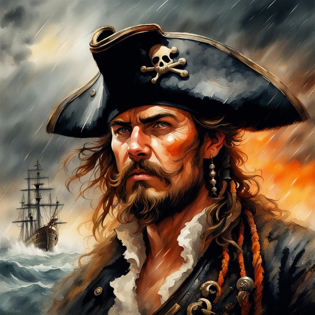Grungy Pirate Portrait in Stormy Watercolor Style