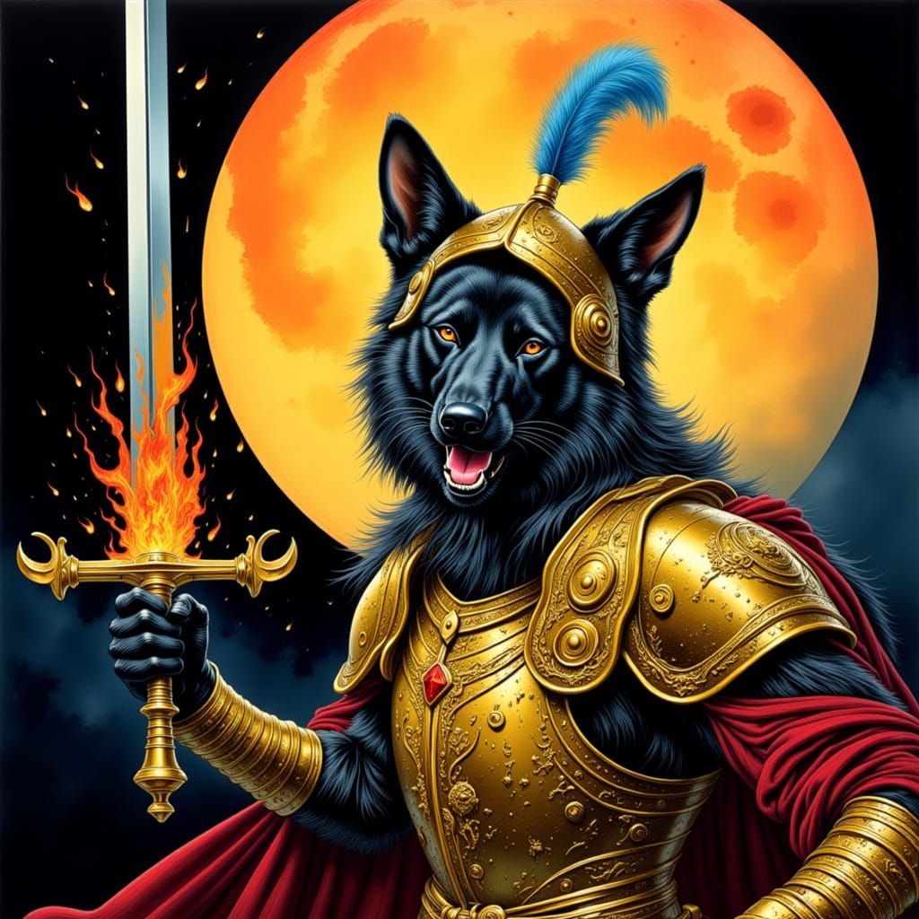 Armored Wolf with Fiery Sword in Dramatic Style