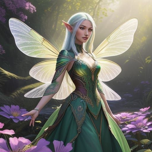 Photorealistic Elf with Shimmering Dragonfly Wings in Sunlit...