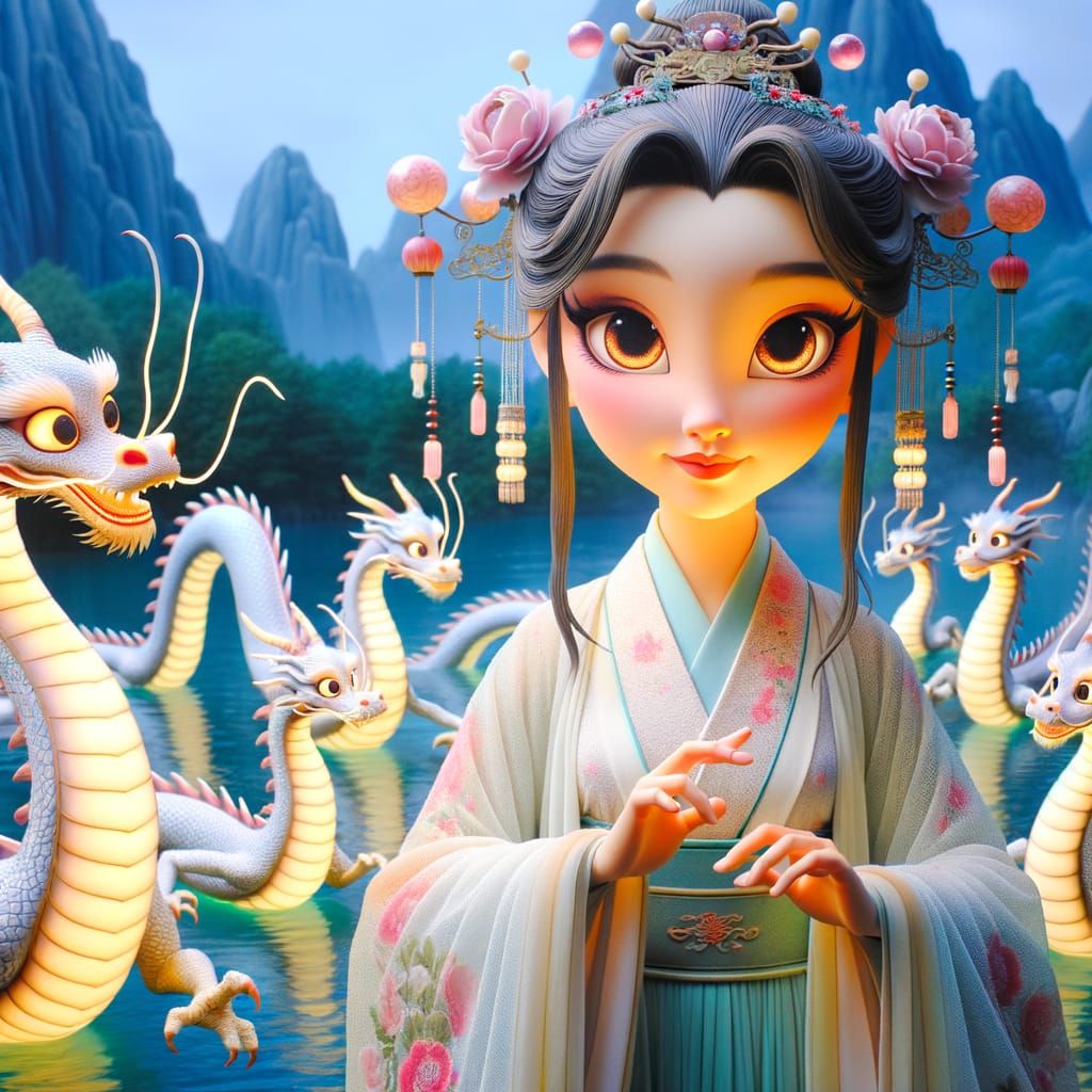 Gentle Dragon Goddess with Baby Dragons in Classical Animati...