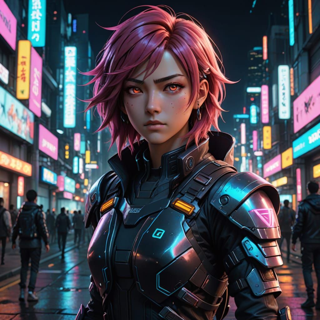 Vibrant Anime Warrior in Cyberpunk Cityscape