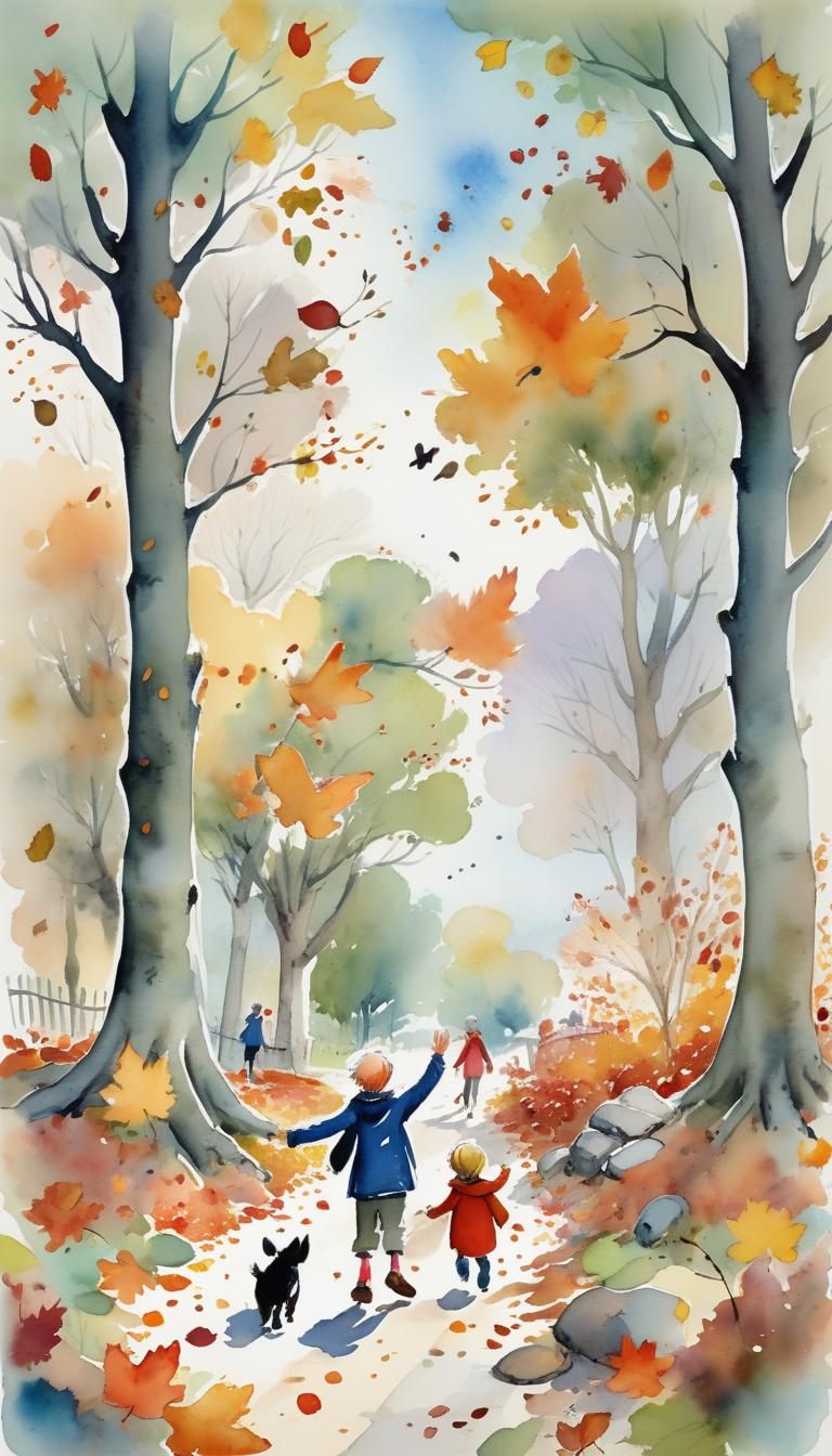 Quentin Blake's whimsical ink & watercolor style of an autumn scene. Children jump in a leaf pile, a friendly dog plays.