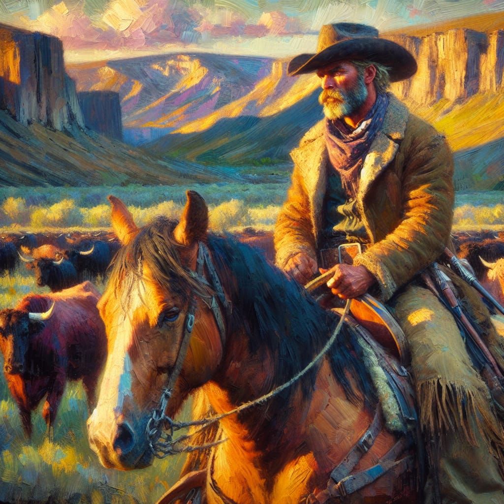 Cowboy and Horse in Rocky Mountains, Impasto Painting