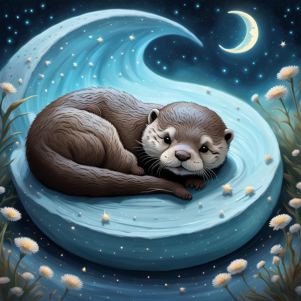 Enchanted Moonlit Dreamscape with Slumbering Otter