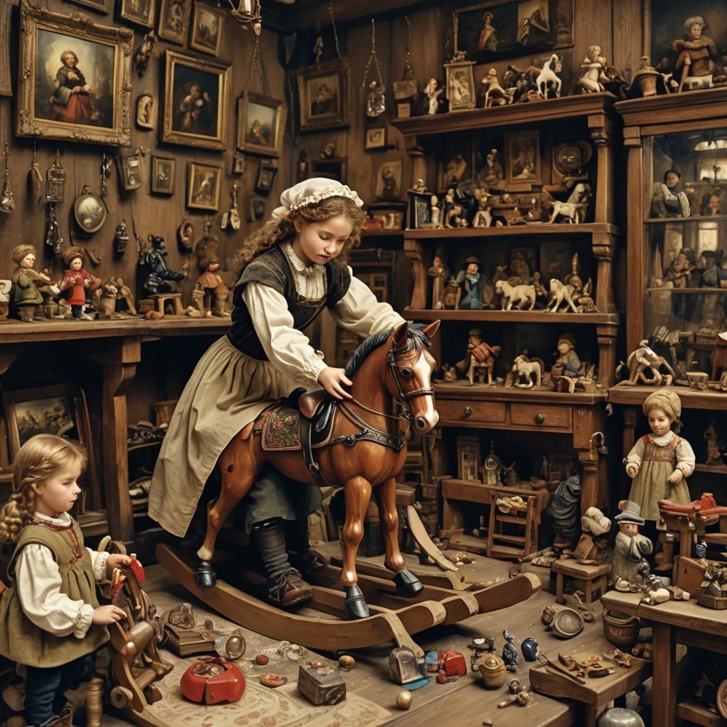 Woman Repairs Toy Rocking Horse: Renaissance Painting