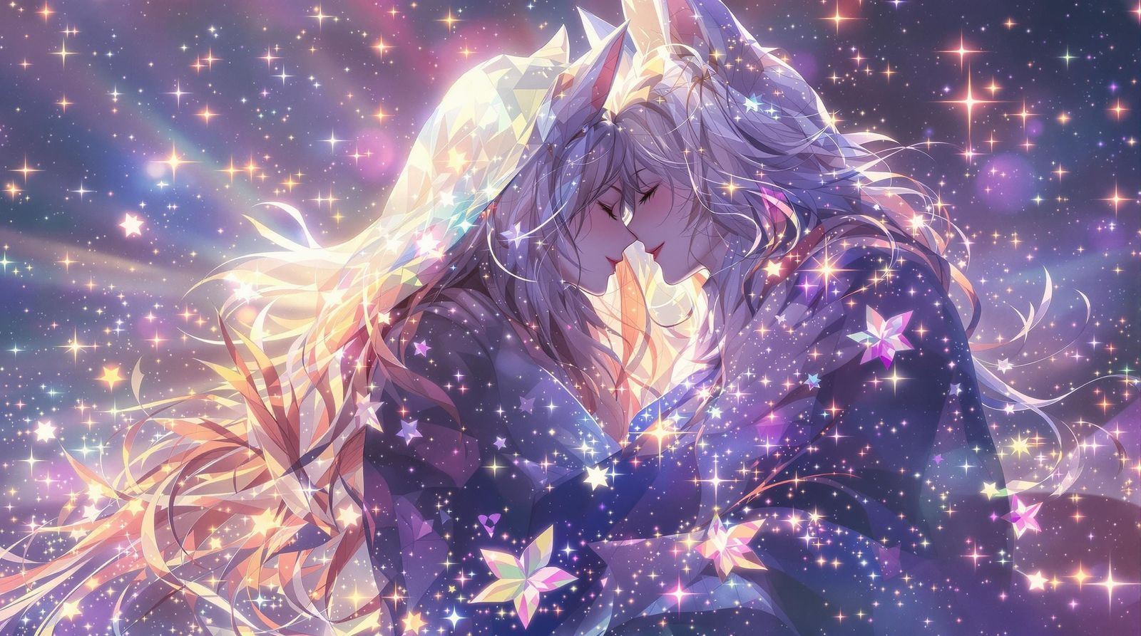 Enchanting Anime Lynx Couple Embrace Under Starry Sky