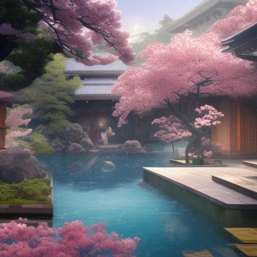 Japanese Spa Pool with Sakura, Hyperdetailed Art