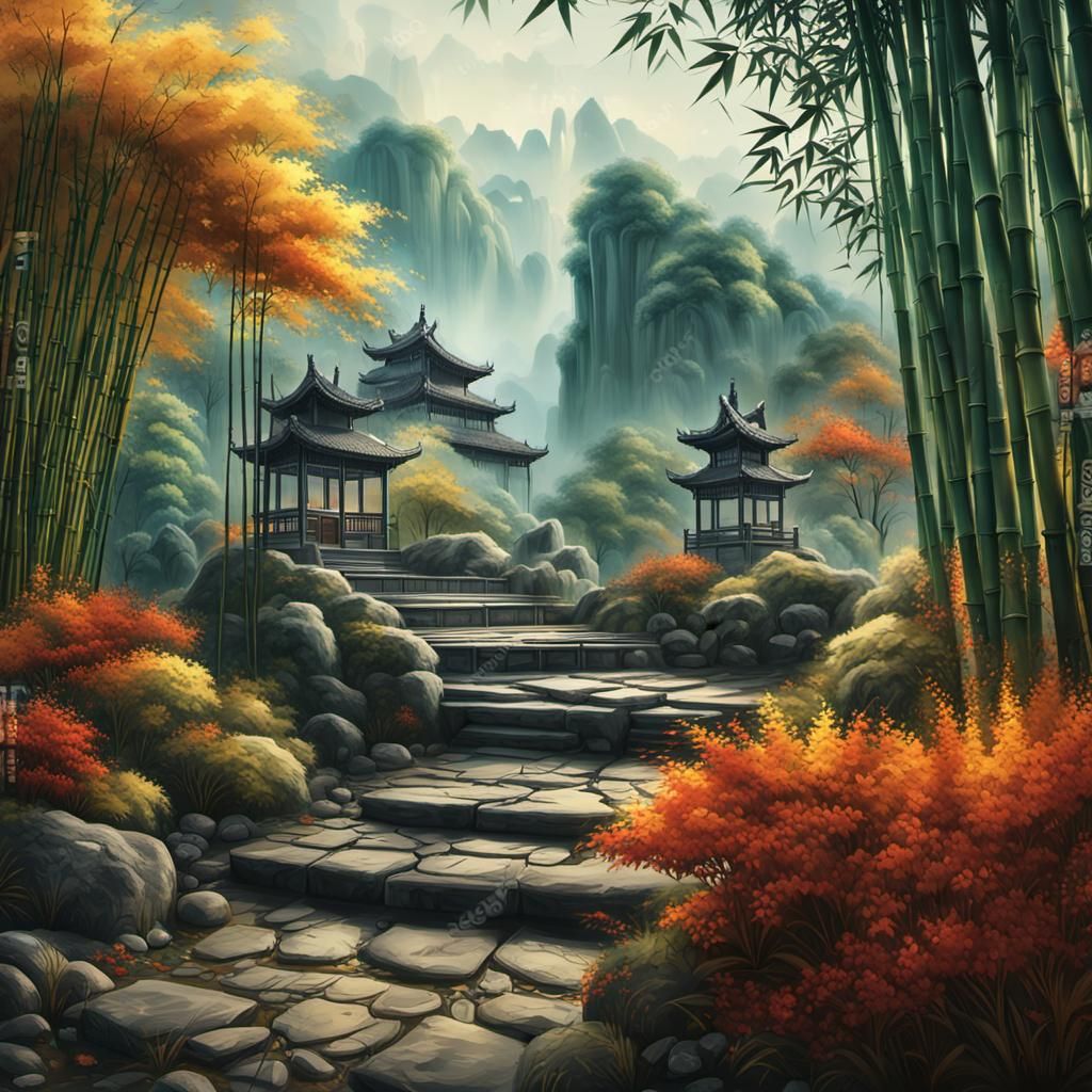 Autumn Serenity: Bamboo and Stone Landscape
