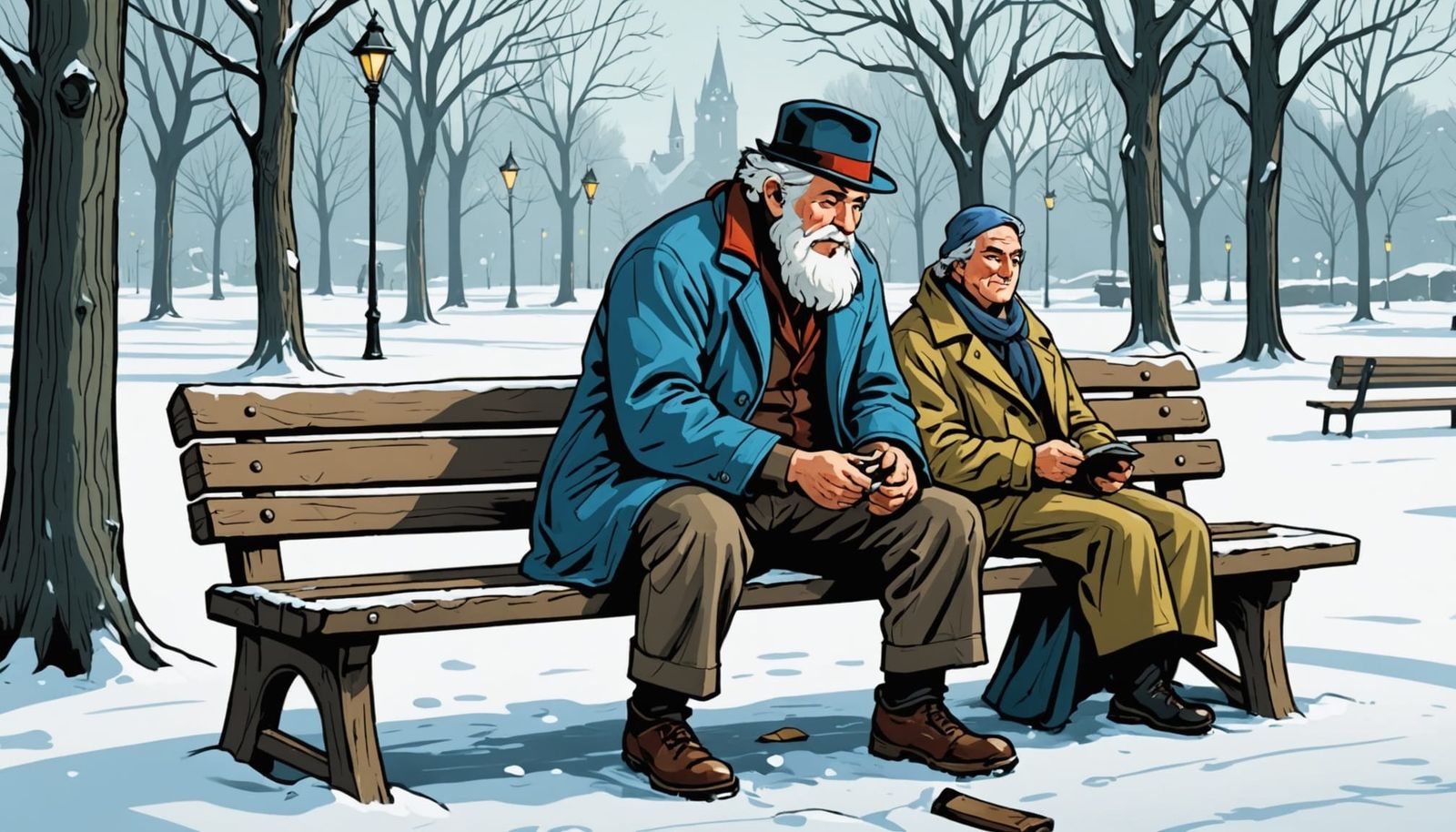 Winter Park Scene with Snow-Covered Bench in Oil Painting St...