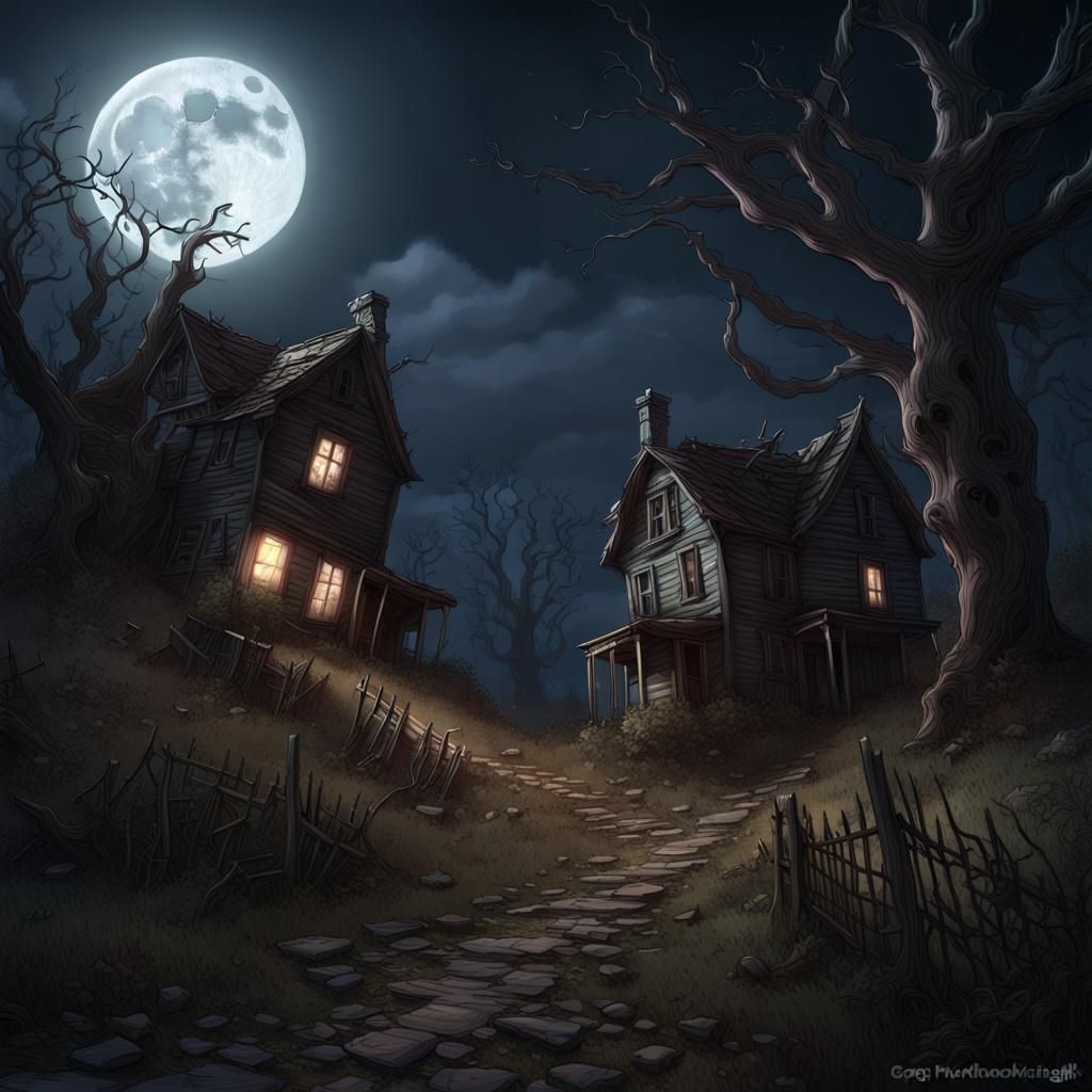 Spooky Deserted Village Under Moonlight in Dark Fantasy Styl...