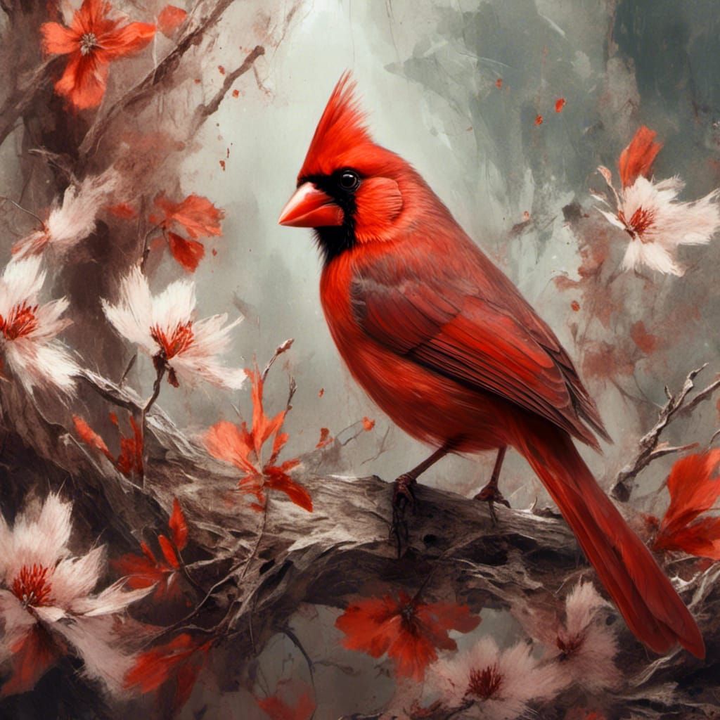 Cardinal in Flat Watercolor Style Among Flowers