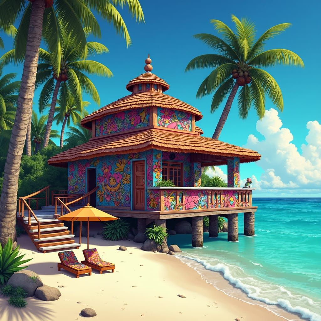 Colorful Graffiti Tiki Bar on Tropical Beach